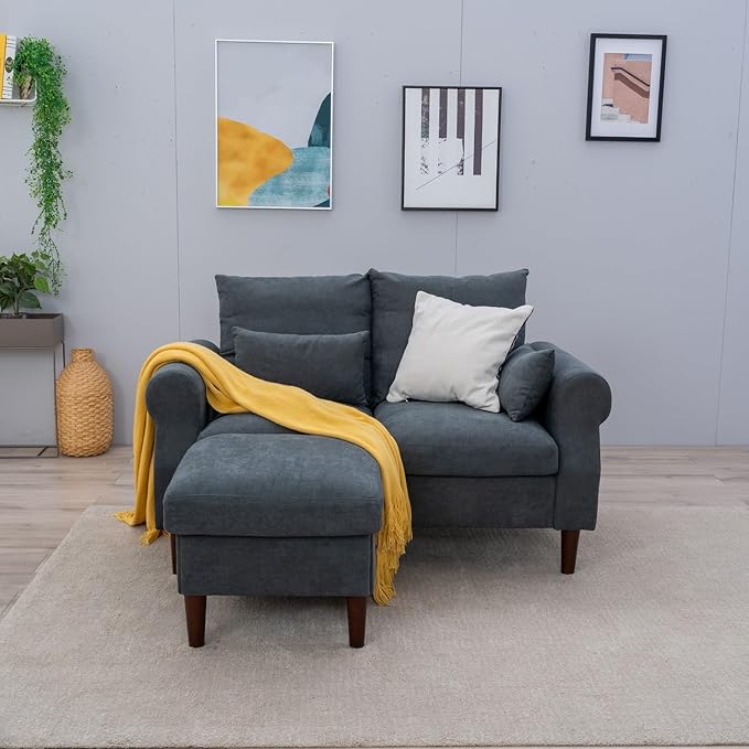 Panana 2 3 5 6 Seater Upholstered Sofa Couch Linen Fabric/Artificial Leather L Shaped Corner Sectional Loveseat Ottoman Modern Living Room Sofa (Gray Linen 2 Seater with Ottoman)