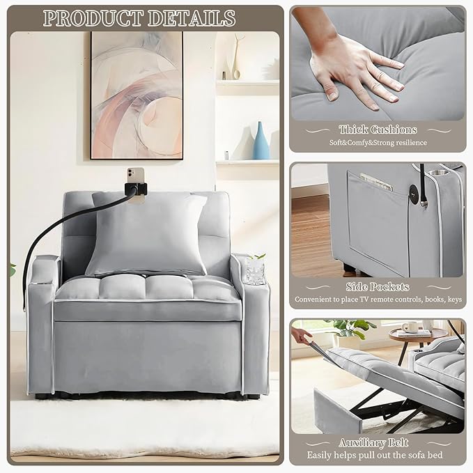 Convertible Sleeper Sofa Chair Bed 3 in 1 Velvet Single Small Futon Sofa Bed with Phone Holder &amp USB PortsPull Out Couch Recliner with Adjustable Backrest for Living Room Office Small Place(Gr