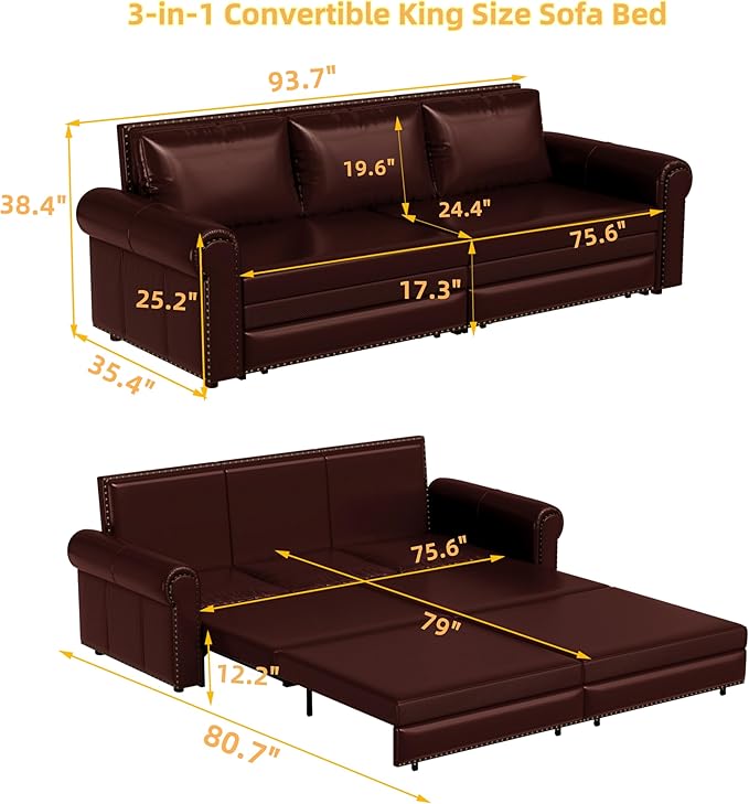 KEIKI 94 Chesterfield Sofa with Pull-Out King Sleeper Bed 3-in-1 Convertible Faux Leather Sofa Bed Rolled Arm Upholstered Couch for Living Room Bedroom Office Burgundy