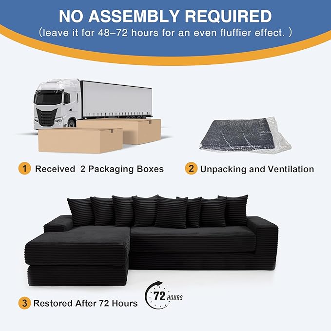 110'' Oversize Cloud Sectional Couches for Living Room Convertible Sleeper Sofa Bed Big Comfy Couch with 2 Side Pockets &amp 8 Pillows Corduroy Free-Combined (Black 110 -Left Facing Chaise)