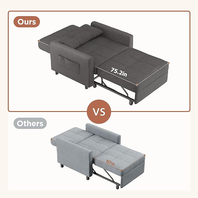 Aiho 34-Inch Sleeper Chair Bed 3-in-1 Convertible Sofa Bed with Adjustable Backrest for Living Room or Apartment (Dark Gray)