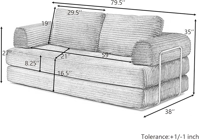 80 Convertible Sofa Bed Modern Corduroy Sleeper Sofa Folding Floor Couch with Golden Fixed-Shape Frame Orange Boneless Loveseat Sofas Bed for Living Room Bedroom No Assembly Needed