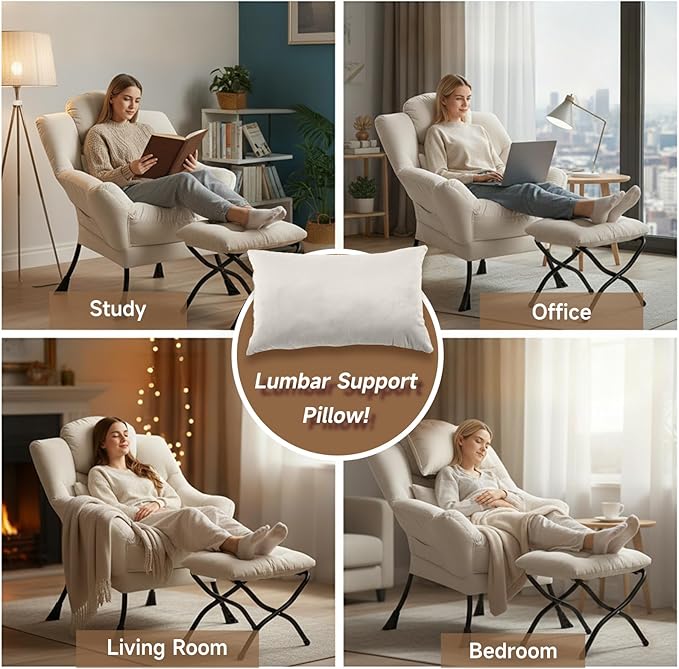 Lazy Chair with Ottoman Modern Accent Chair with Lumbar Pillow Beige Sofa Armchairs with Folding Footrest Oversized Supportive Chairs for Bedroom Reading