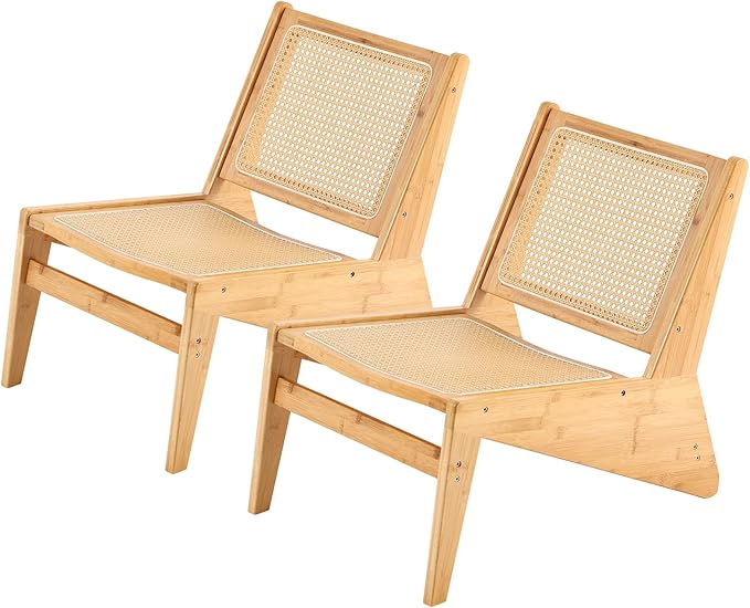 Welnow 2-Pcs Mid Century Rattan Accent Chair Bamboo Wood Lounge Chair with Woven Cane Backrest Low Armchair for Living Room Bedroom Balcony or Reading Corner Natural