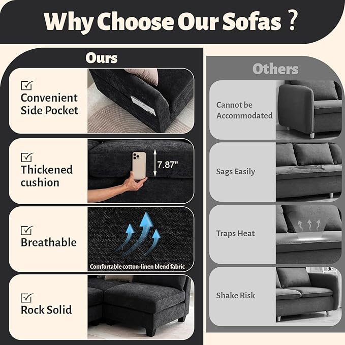 136.4 Modular Sectional Sofa U-Shaped 8 Seater Sectional Sofa with Storage Ottoman Linen L-Shaped Couch Large Cloud Couch with Cup Holders &amp USB for Living Room（Black