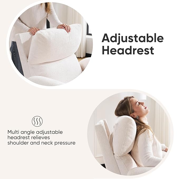 Swivel Rocker Recliner with Adjustable Armrests Rocking Nursery Chair with Adjustable Headrest Cup Holder Manual Recliner Nursing Chair for Breastfeeding Chenille White