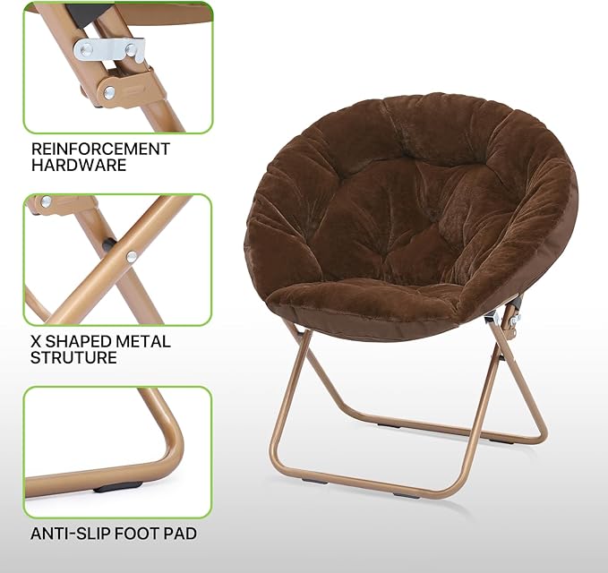 Magshion Folding Saucer Chair for Adults with Ottoman Circle Reading Chair for Bedroom Living Room &amp Dorm Furry Comfy Accent Seat with Metal Leg &amp Thick Padded for Small Spaces (Brown 1 Pa