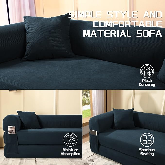 4-in-1 Folding Convertible Sofa Bed 80 Inch Oversized Corduroy Boneless Couch Loveseat Sleeper with Pull Out Bed Floor Sofa Modular Futon Teddy Sofa for Living Room Bedroom Lounge Navy Blue