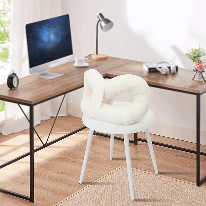 Vanity Chair with Cute Bow Backrest Creamy White Make-up Chair Bedroom Vanity Stool Armless Dressing Chair Small Upholstered Accent Chair Desk Chair for Makeup/Reading/Living Room Girls Women Kids