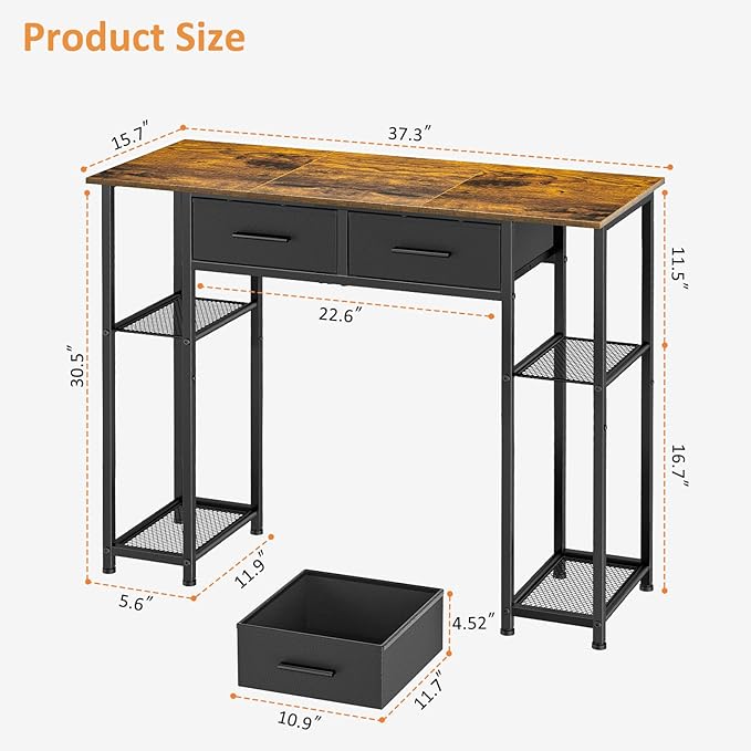 Computer Desk with Drawers 37.3 Inch Home Office Work Desk with Storage Shelf Kids Teens Study Table for Small Space Small Writing PC Table for Bedroom Makeup Vanity Desk Brown