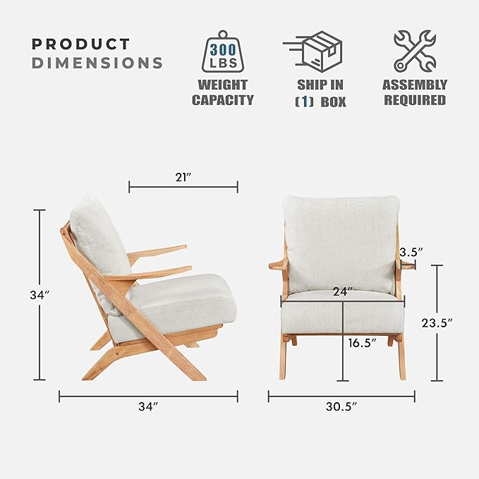 Lexicon Mid Century Modern Accent Chair Natural Finish Solid Rubberwood Frame Reversible Back Cushion Woven Chenille Upholstered Reading Chair for Living Room/Bedroom/Office Beige