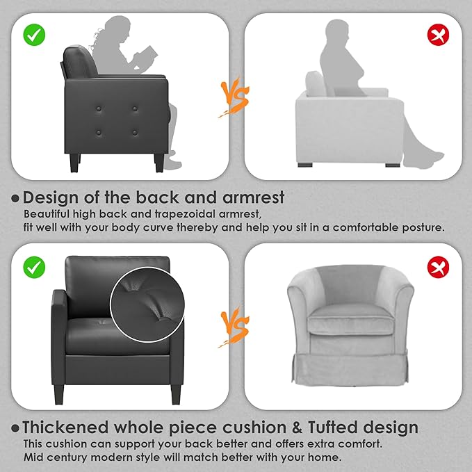 STHOUYN Accent Chair Black Leather Chair Mid-Century Modern Living Room Chairs Cozy Office Reading Chair with Tufted Seat and Armrest Reception Armchairs for Bedroom Waiting Room