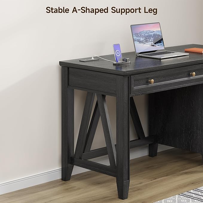 ONBRILL 54 Inch Farmhouse Executive Desk Computer Desk with Storage Drawers &amp File Drawer Modern Home Office Desk with Charging Station for Working Studying Writing Brown (Black)