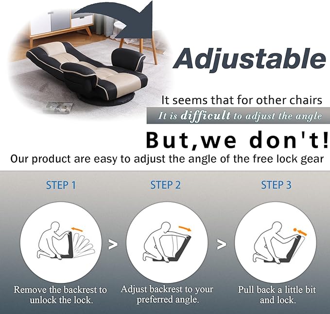 FLOGUOR 360 Degree Swivle Adjustable Floor Chair Chaise Lounge Indoor Folding Lazy Sofa with Armrests and Side Pocket Adults Gaming Chairs for Living Room Bedroom Factory Price 201 (BK-GR)