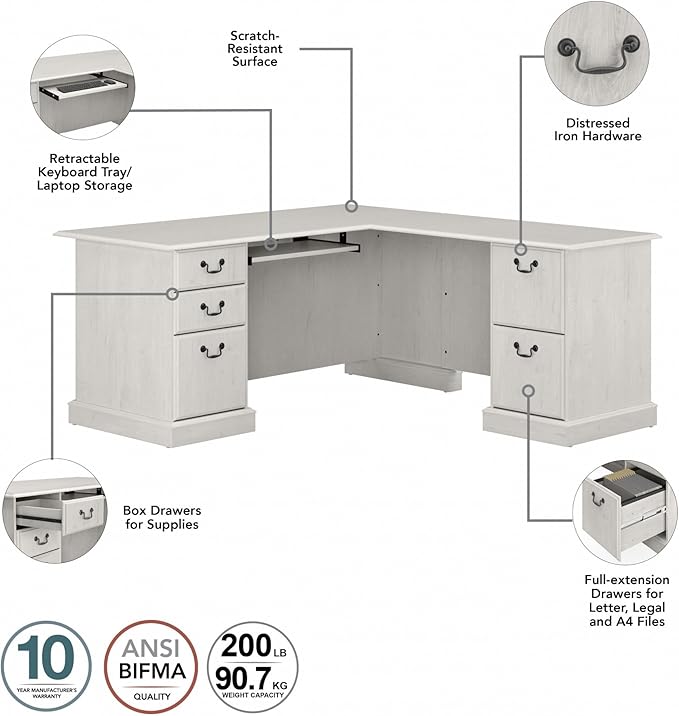 Bush Home Saratoga L Shaped Computer Desk with Drawers and Storage in Linen White Oak | Large Corner Office Table for Workspace
