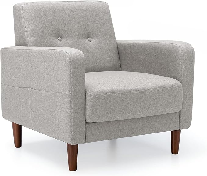 Mellow ADAIR Mid-Century Modern Armchair with Armrest Pockets Tufted Linen Fabric Light Grey