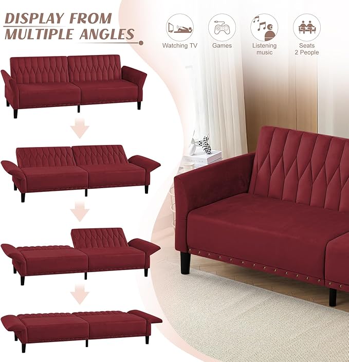 77” Velvet Sofa Bed with Adjustable Armrests and BackrestsTufted Convertible Futon Couch with Nailhead Trim Loveseat Modern Velvet Sleeper Sofa for Living RoomBedroomOffice Red