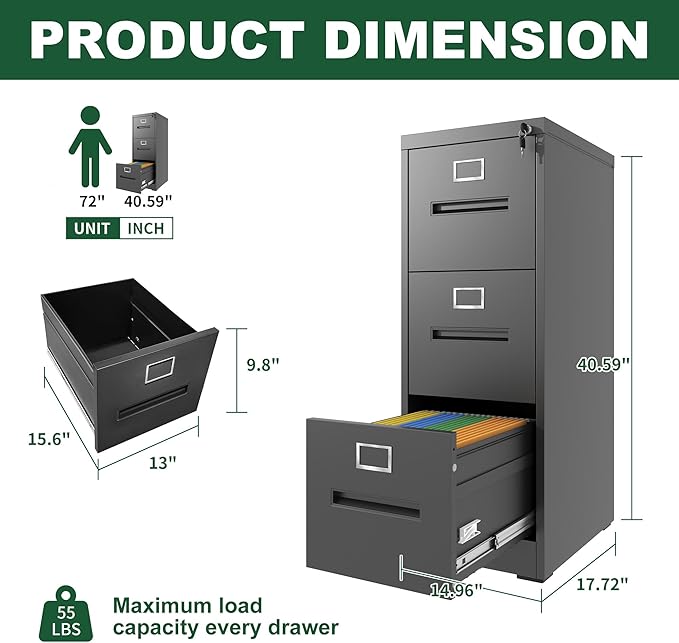 3 Drawer Small Metal Vertical File Cabinet with Lock Under Desk Storage Organizer Filing Cabinets for Home Office Locking DrawersAssembly RequiredBlack