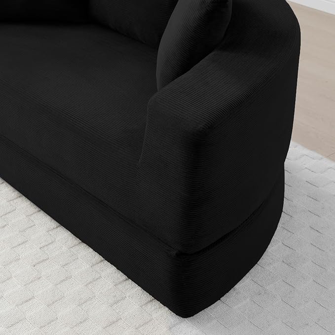 Folding Sofa Bed Corduroy Circular Boneless Couch No Assembly Convertible Sleeper Sofa with 3 Pillow Comfy Futon Sofa Bed for Apartment Office Bedroom Living Room Black