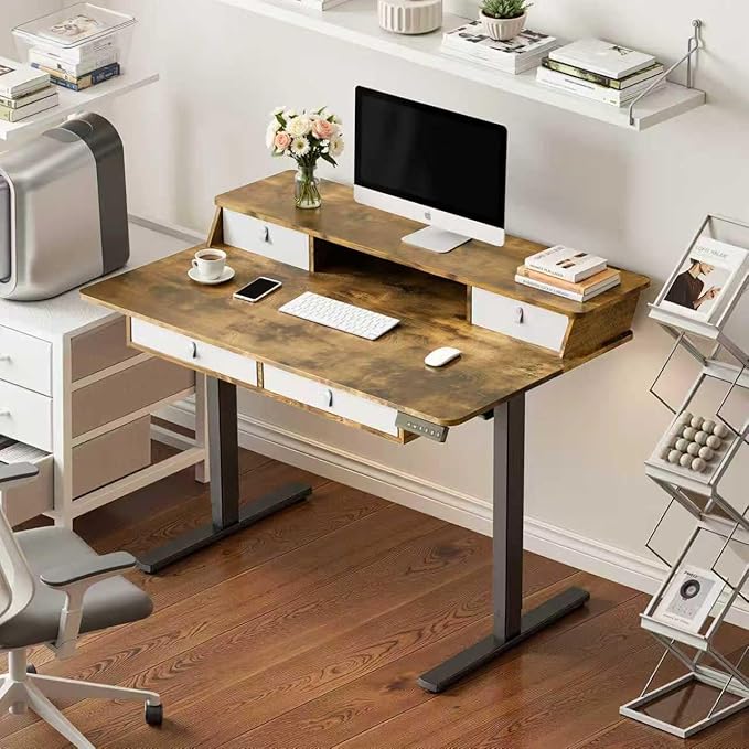 MSZ Sit &amp Standing Desk Adjustable Height Electric Sit Stand Up Down Computer Table 48x24 Inch Ergonomic Rising Modern Lift Motorized Gaming Desktop Work Home Office (Brown-Double Bookcase)