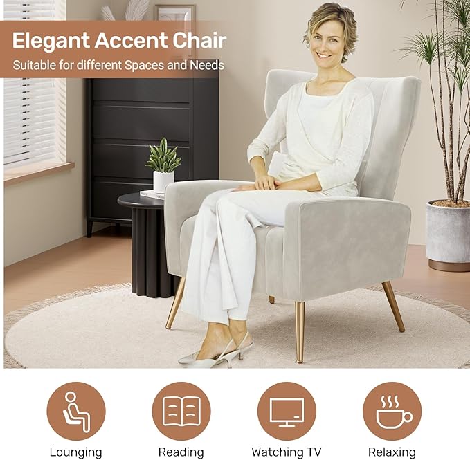 Velvet Accent Chair Set of 2Wingback for Living Room High Back Arm Chair with Golden Legs Lumbar Pillow Upholstered Single Sofa Bedroom Beige