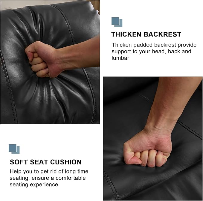 48 Manual Recliner Chair Set PU Leather Upholstered Reclining Sofa Chair with Cup Holders Side Pockets for Living Room Furniture Rest Reading Watching TV (Black Loveseat)