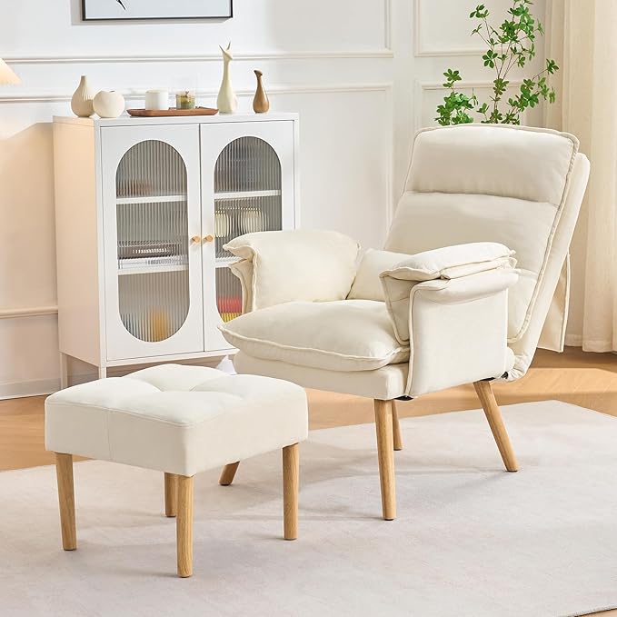 Accent Chair with Ottoman Comfy Living Room Chair with Adjustable Backrest Upholstered Lounge Chair with Removable Cushion for Living Room BedroomBeige