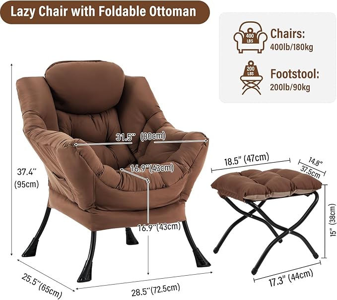 Lazy Chair with Ottoman Modern Accent Chairs with Folding Footrest Dark Brown Sofa Chair Set Comfortable Reading Chairs Oversized Armchairs for Bedroom Study Living Room Courtyard