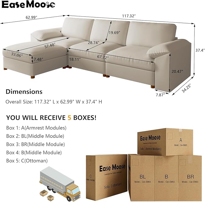 EASE MOOSE Leather Sectional Couch Oversized Modular Sectional Sofas Wide Deep Seat Modular Couch Scratch Resistant Faux Leather Material L Shaped Sofa for Big Spaces Beige