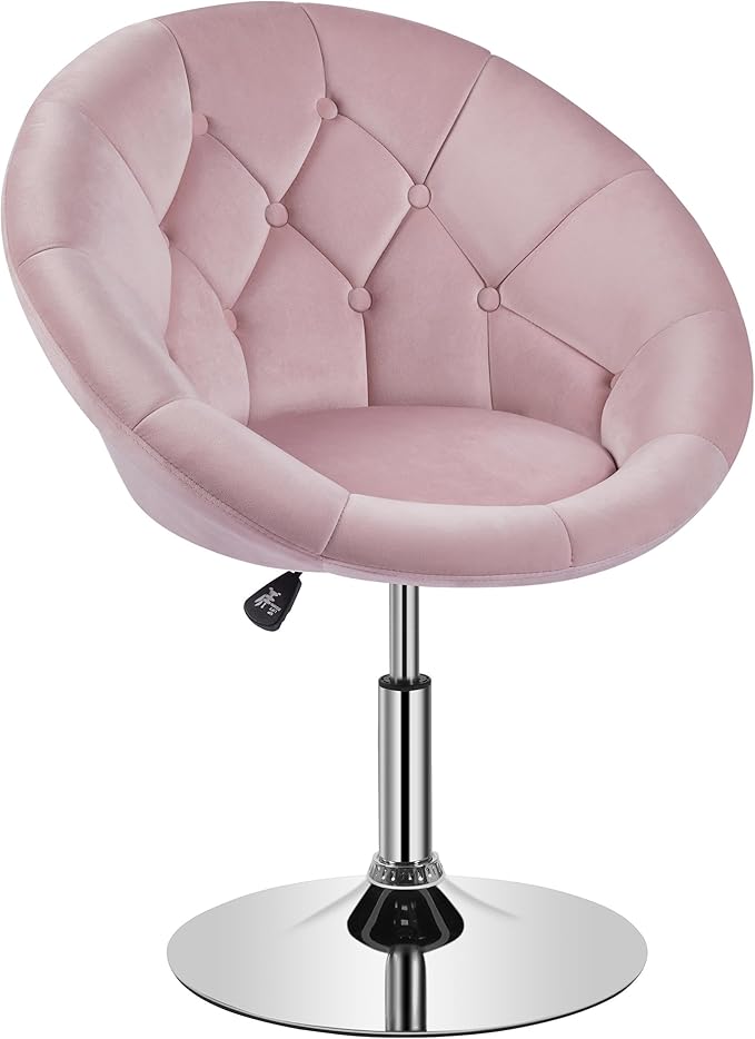 Yaheetech Adjustable Vanity Chair with Round Tufted Back Swivel Velvet Salon Chair for Bedroom Living Room Office Pink