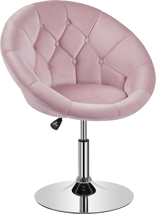 Yaheetech Adjustable Vanity Chair with Round Tufted Back Swivel Velvet Salon Chair for Bedroom Living Room Office Pink