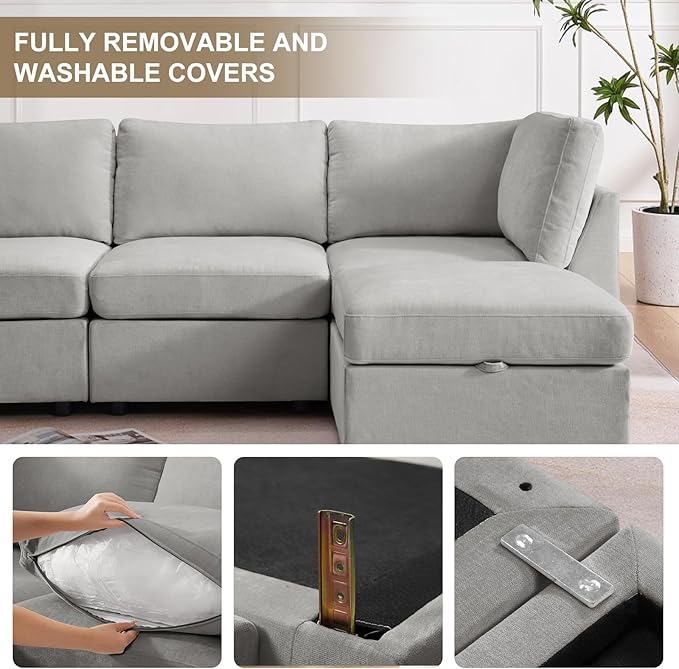 EDILLY 94 inches Oversized Modular Sectional Fabric Cloud Sofa Set Extra Large L Shaped Couch Reversible Chaise Couch3 Seat Modular Sofa Light Grey