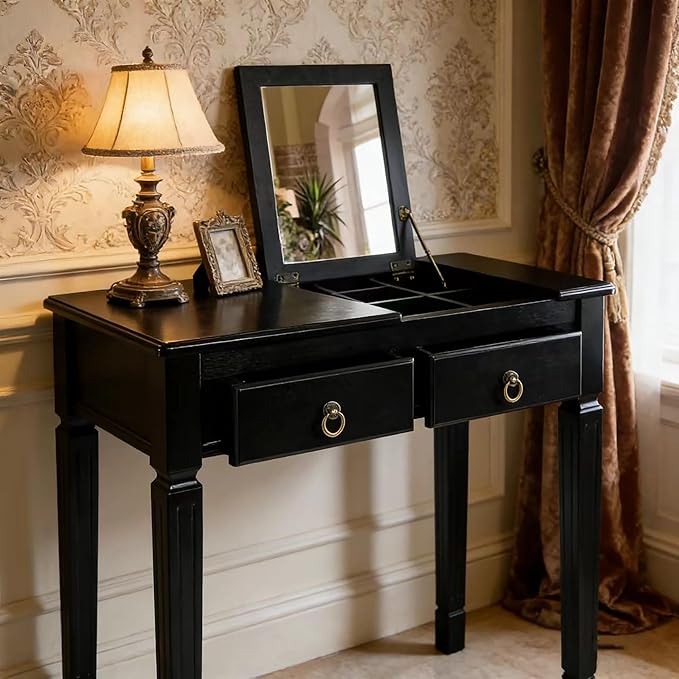 PADMA HOUSE Flip Top Wood Makeup Vanity Desk with Mirror Small Dressing Table with Two Drawers Flip-up Wooden Writing Desk Secretary Table in Black for Bedroom Living Room
