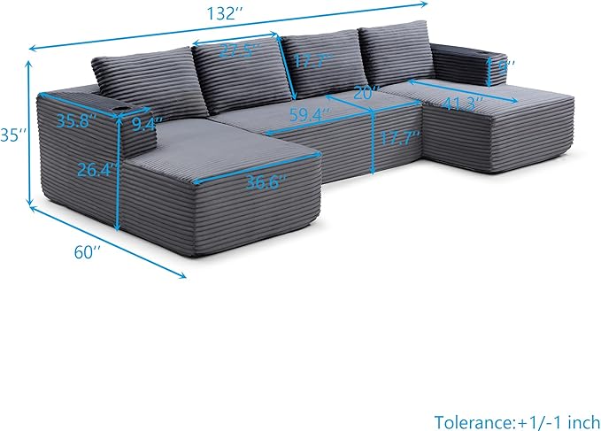 132-Inch U-Shaped Cloud Sectional Couch Symmetrical Modular Compressed Boneless Sectional Sofa with Chaise Lounges Plush Corduroy Boneless Corner Sofa W/Cupholders