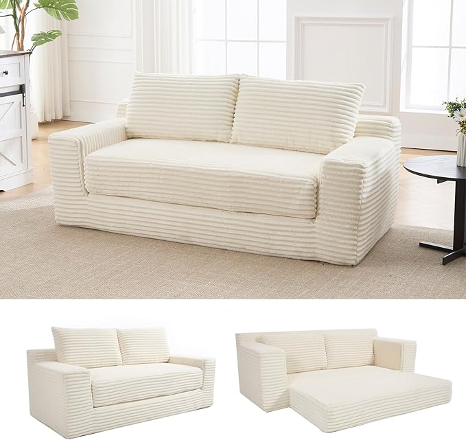 Anwick 2 in 1 Convertible Sleeper Sofa Bed 72 Corduroy Loveseat Sofa w/ 2 Pillows Oversized Chaise Lounge Chair Indoor Pull Out Couch Bed for Small Spaces/Living Room/Bedroom No Assembly (Beige)