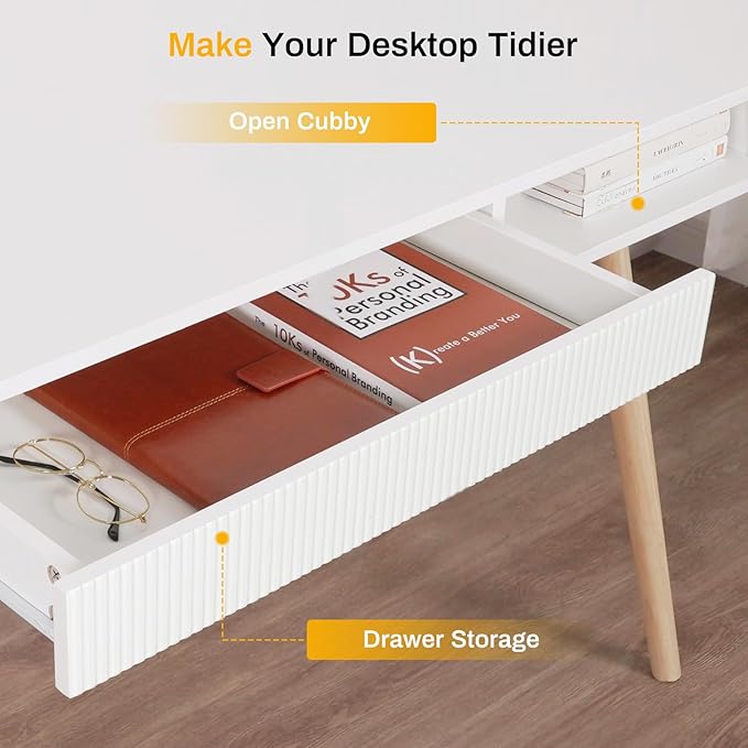 Artswish 42 Wood Modern Office Desk with Drawer Simple Writing Desk for Home White