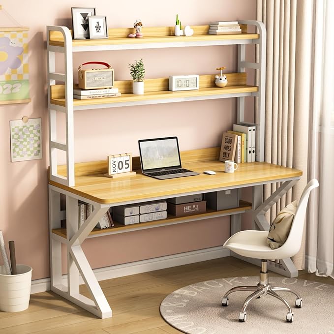 Computer Desk with Storage Shelves and Bookshelf Industrial Desk with Sturdy Metal Frame Solid Wood PC Table Workstation for Home Office(43 W x 69 H x 23.6 D Brown &amp White)