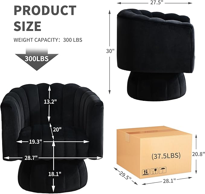 Swivel Accent Barrel Round Chair - Comfy 360° Arm Chairs Cute Small Sofa Club Velvet Reading Chair for Living Room Bedroom Office - Black