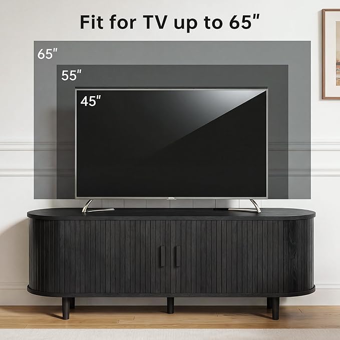 58 Mid Century Modern TV Stand Wood TV Consoles with Sliding Doors and Power Outlet Fluted Entertainment Center with Adjustable Shelves Media Console for Living Room Black