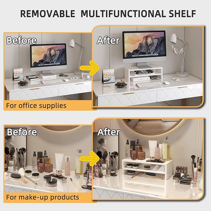 WESTREE 40 White and Gold Desk with 2 Drawers and Storage Shelf Modern Makeup Vanity with Glossy Desktop Gold Metal Frame Writing Desk for Bedroom or Home Office No Mirror