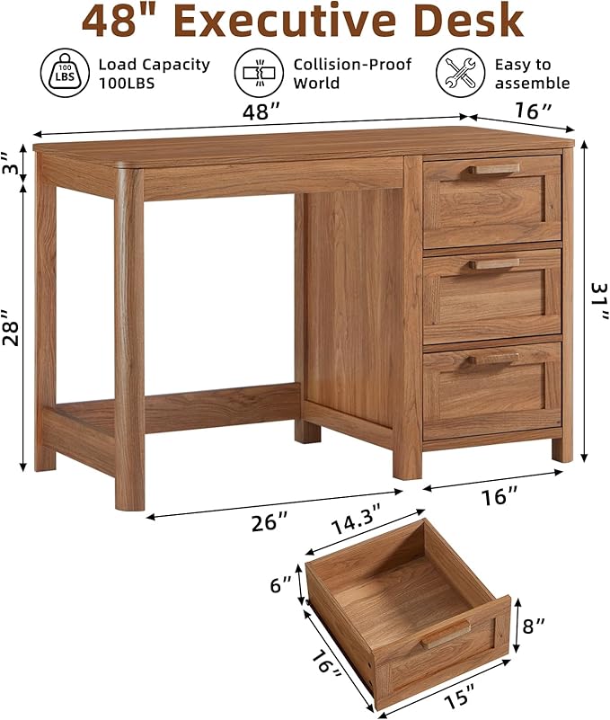 Office Desk 48 with 3 Drawers Storage File Cabinet Wood Farmhouse Desk for Computer Office Bedroom Home Furniture Brown