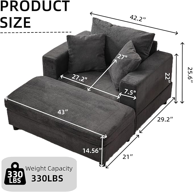 Chaise Lounge Chair with Removable Ottoman Modern Corduroy Accent Sleeper Sofa Bed with Pillows Deep Seat Upholstered Armchair for Living Room Bedroom (Dark Gray)