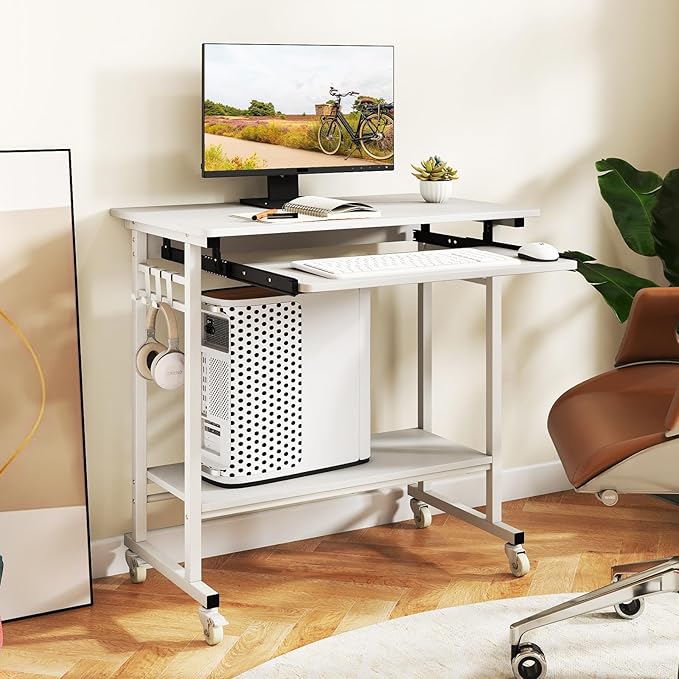 Giantex Rolling Computer Desk Mobile Portable Desk with Keyboard Tray &amp Wheels Laptop PC Table Cart with Shelf &amp Hooks Industrial Small Desk for Small Spaces Home Office Bedroom White