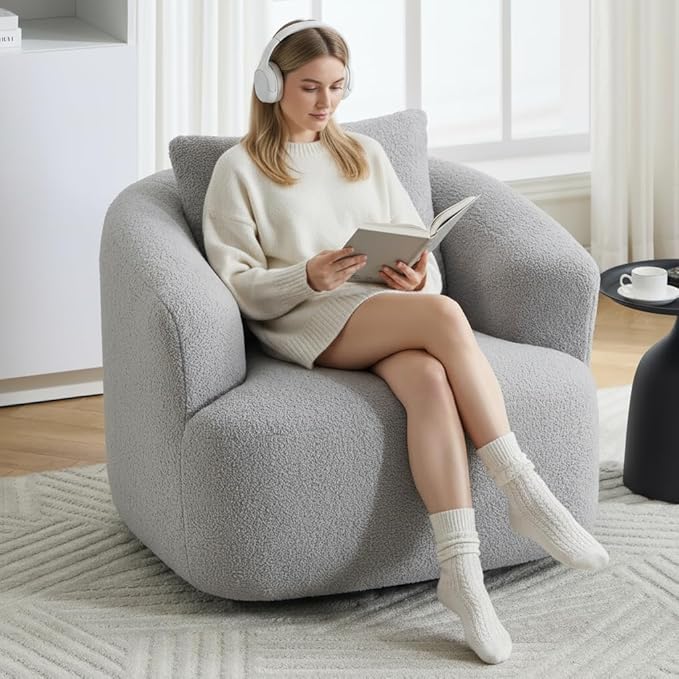 PELUMY Swivel Accent Chair Modern Round Barrel Chair Soft Teddy Fleece Fabric Swivel Chair for Living Room 360 Rotating Small Space Comfort Reading Chair No Tools Assembly (Light Grey)