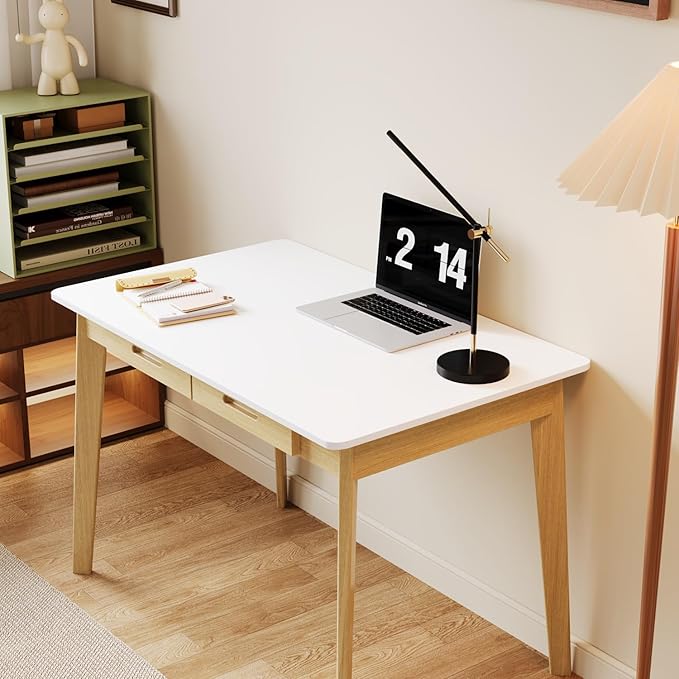 39.4 Inch Computer Desk with 2 Drawers Modern Home Office Desk Study Writing Gaming Work Table with Large Legroom White &amp Light Brown