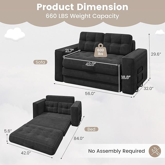 Convertible Sofa Bed 2 in 1 Boneless Couch Bed with 2 Pillows Corduroy Pull out Couch Folding Sofa Bed with Deep Seat Small Loveseat Sleeper Sofa Bed in a Box for Small Spaces No Assembly Required