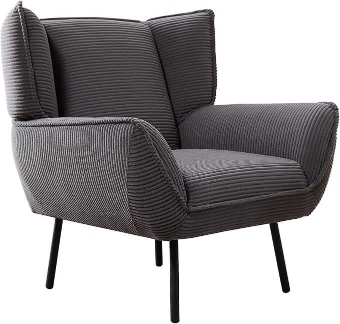 AMERLIFE Accent Chair- Upholstered Living Room Chair with High Wingback Grey Reading Armchair for Bedroom Comfy Corduroy Chair