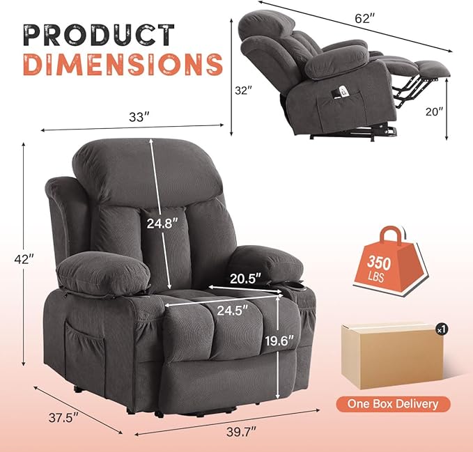 BOSMILLER Power Lift Recliner Chair with Massage and Heat for Elderly Electric Recliner Single Sofa with Two Cup Holders Extended Footrest Side Pocket and USB Charge Port for Living Room