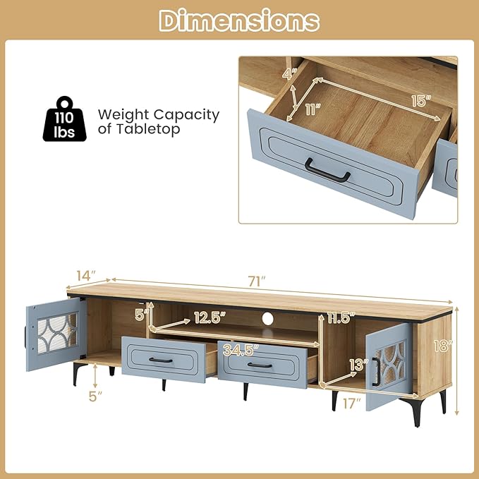 Tangkula Farmhouse TV Stand for TVs up to 80” 71” Entertainment Center with 2 Drawers 2 Cabinets &amp Compartment with 7 Raised Metal Legs Wood Media TV Console Table for Living Room (Bluish Gray