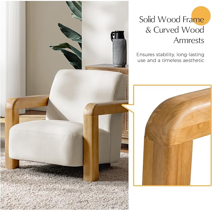 HULALA HOME Boucle Accent Chair Modern Low-Profile Leisure Armchair with Thick Padded Seat Cushion Solid Wood Frame &amp Curved Armrests Ideal for Living Room/Bedroom/Reading Corner(White)